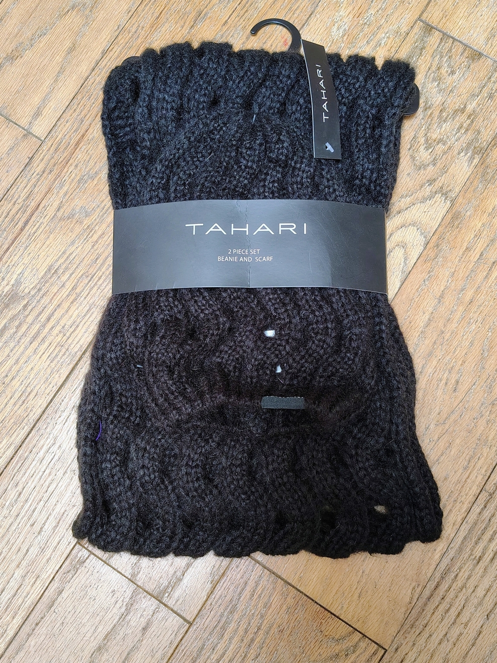 Tahari Black Cable Knit Hat + Scarf